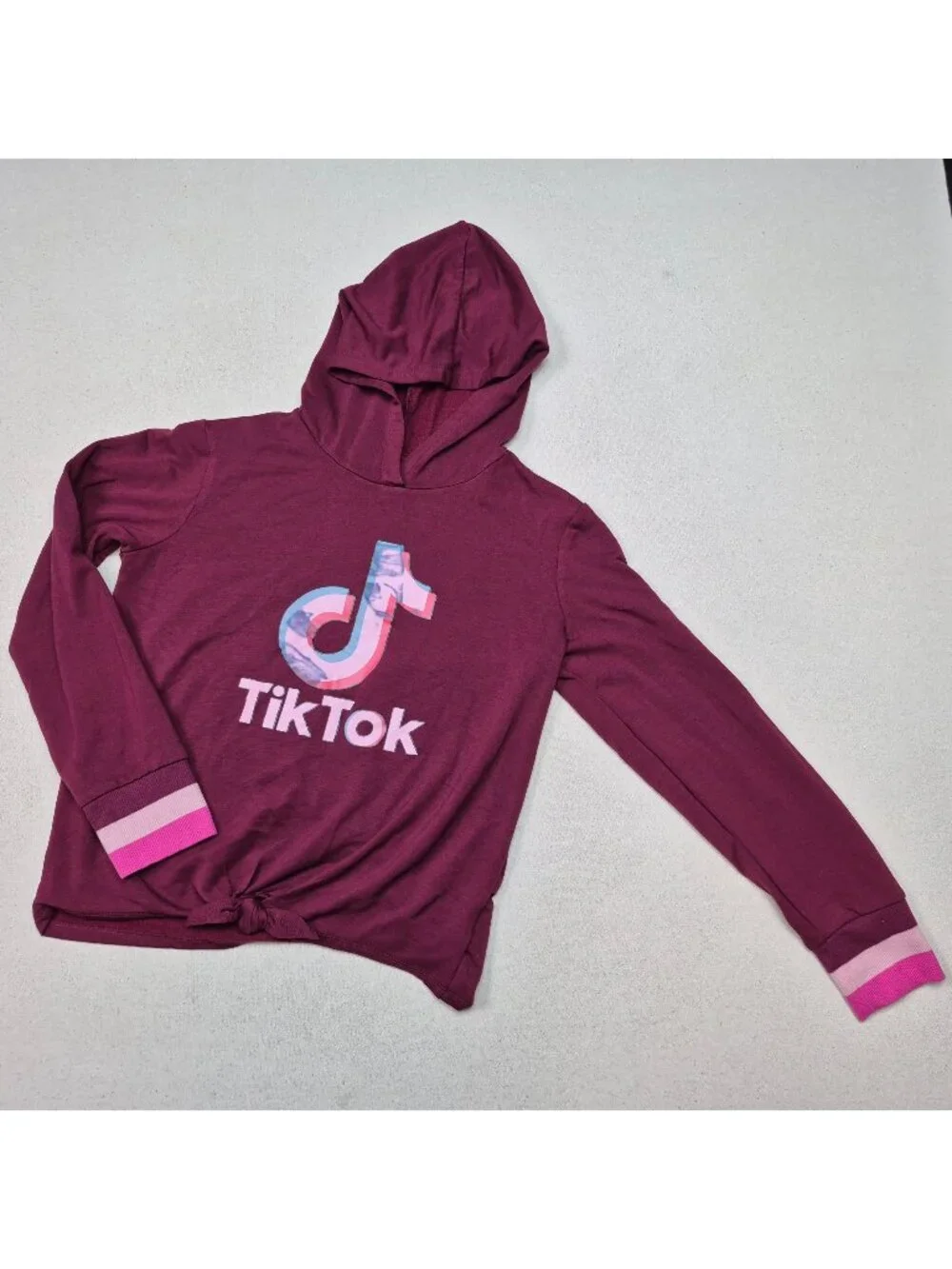 Old Navy Tik Tok Officially Licensed Merch Hooded Tie-Front Shirt Red/Pink Sz YL
